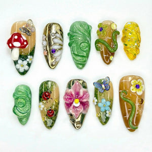 Enchanted Forest presson nails | 3D Mushroom Fairy Nail Art | Nature Inspired Press Ons |3D Fairy Garden Fake nails |Magical Nails | OB952YK