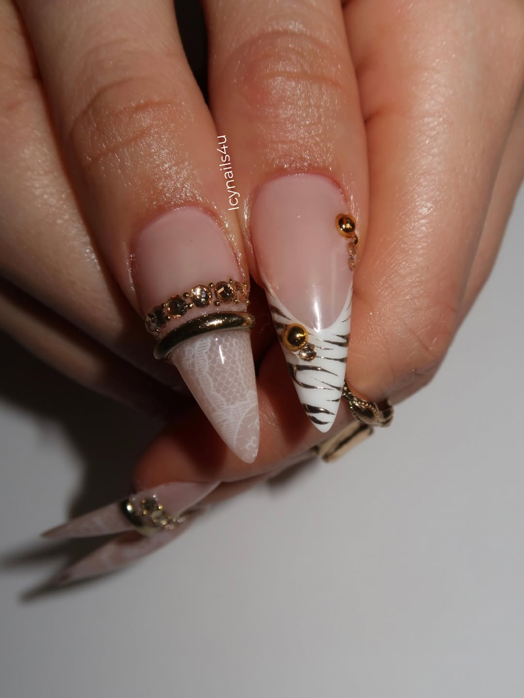 White Lace & Gold Coquette Press On Nails by Icy Nails 4u | Luxury Bridal Stiletto | OB02LU