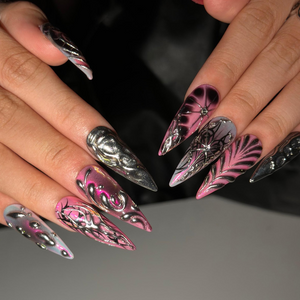 Gothic Press On Nails with Pink Chrome , 3D Spider Web Nails , Dark Glam Stiletto Nails for Hallowee | OB548WI