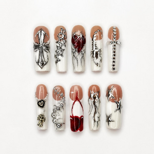 Gothic Press On Nails with Silver Chrome Cross , Red Heart 3D Nail Art , Handmade Long Square Nails for Y2K Grunge Style | OB504WI