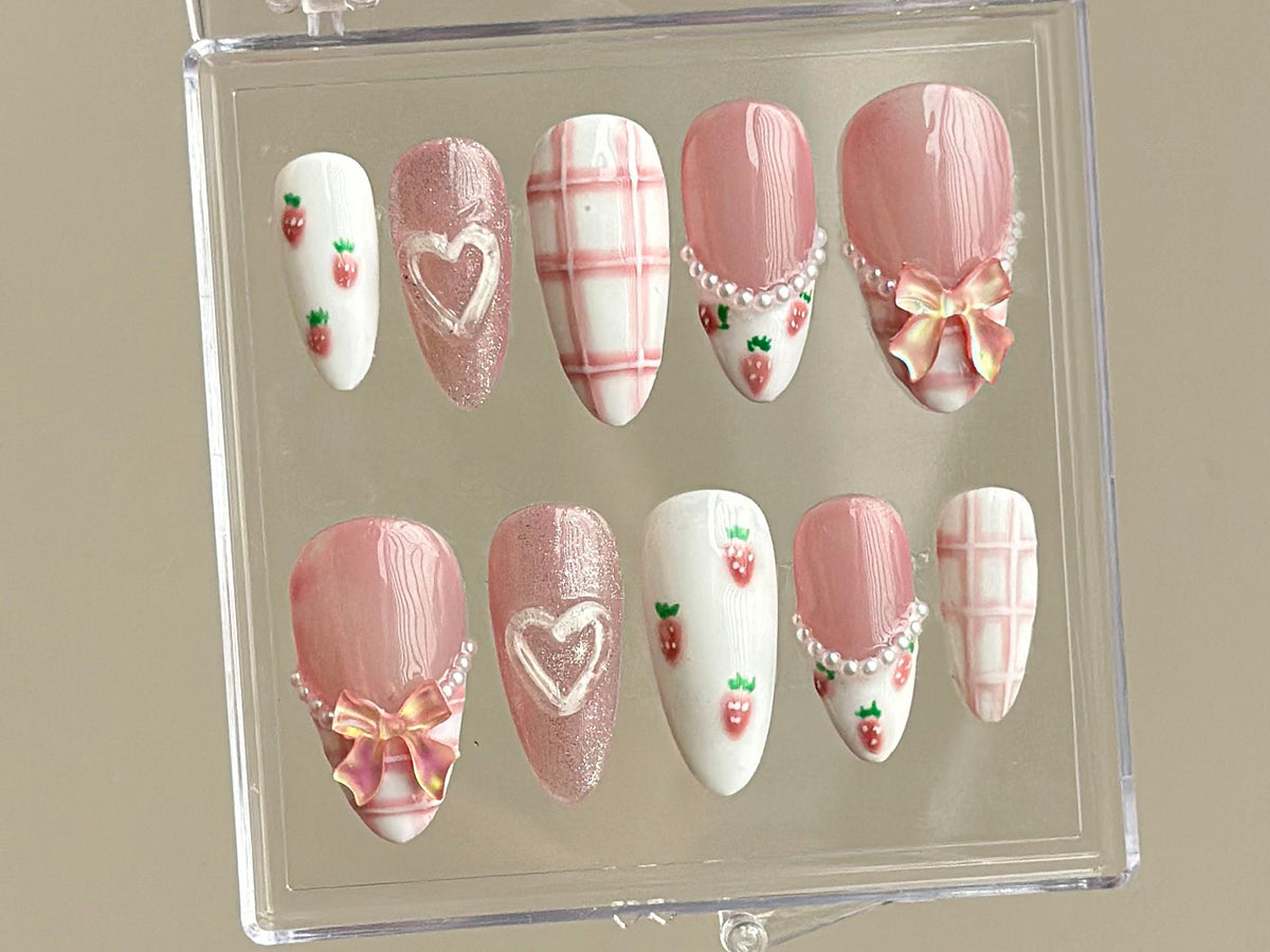 Dreamy Pink Press On Nails | Nail Set With Strawberry Design | Cute Bow and Heart Nail Art | Adorable 3D Raised Art |mother day gift| OB167T