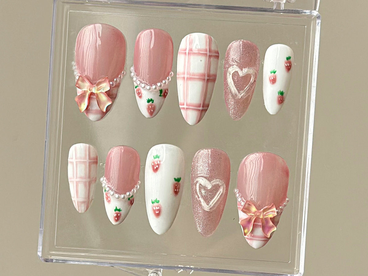 Dreamy Pink Press On Nails | Nail Set With Strawberry Design | Cute Bow and Heart Nail Art | Adorable 3D Raised Art |mother day gift| OB167T