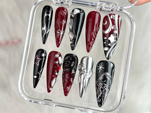Luxury Black 3D Press On Nails | Red Press On Nails Unique Design | Nail Art | Y2k Nails | Acrylic Nails, Nails press on | Gift for her |OC23T