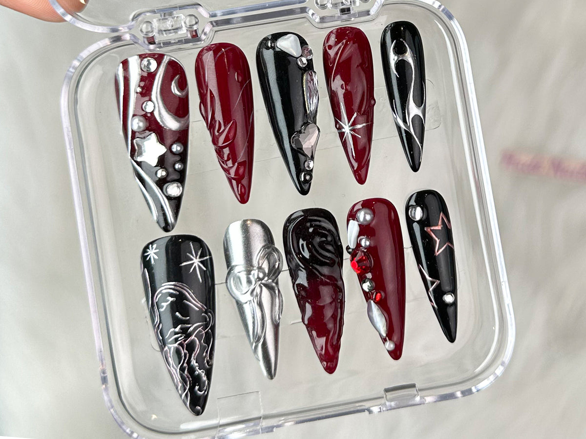Luxury Black 3D Press On Nails | Red Press On Nails Unique Design | Nail Art | Y2k Nails | Acrylic Nails, Nails press on | Gift for her |OC23T