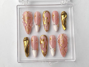 Luxury Gold Swirl Press On Nails | Elegant Gold-Infused Nail Art | Modern Pink Press On Nails with Gold Detailing On Fake Nails | OC290T
