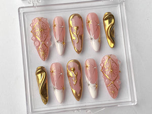 Luxury Gold Swirl Press On Nails | Elegant Gold-Infused Nail Art | Modern Pink Press On Nails with Gold Detailing On Fake Nails | OC290T