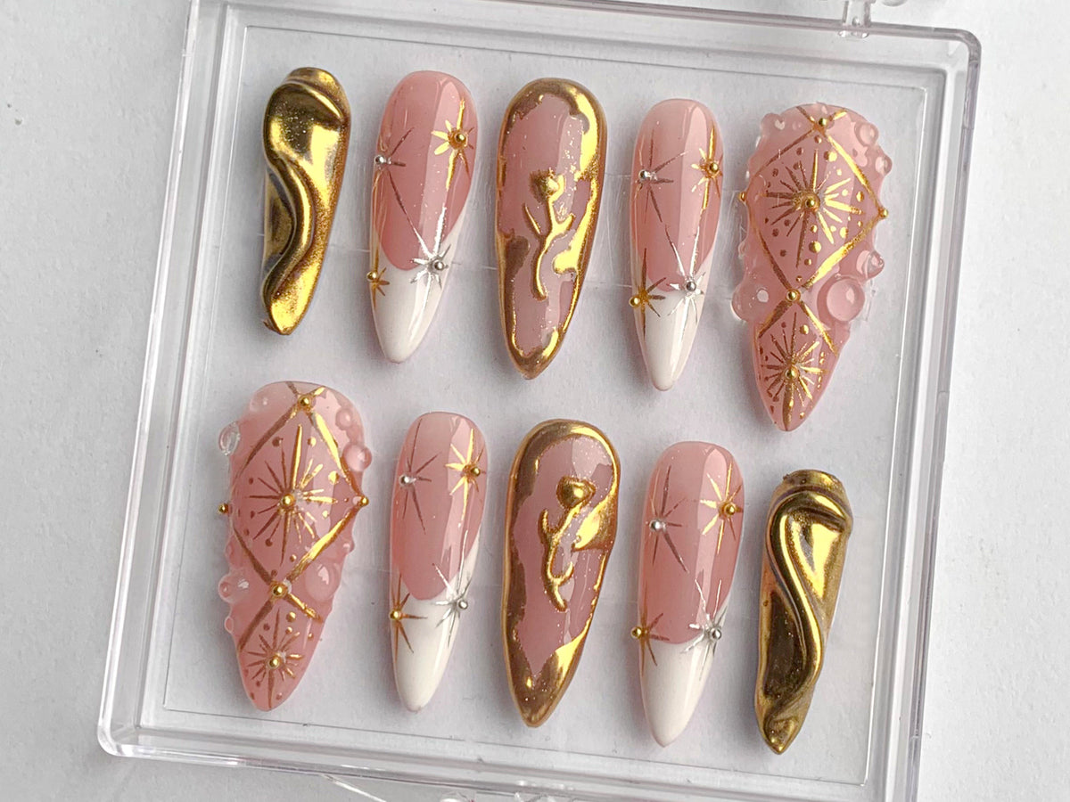 Luxury Gold Swirl Press On Nails | Elegant Gold-Infused Nail Art | Modern Pink Press On Nails with Gold Detailing On Fake Nails | OC290T