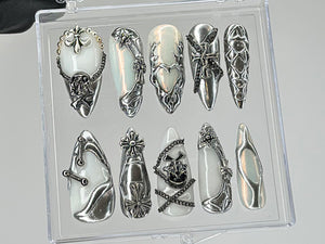 Luxury Gothic Press On Nails | Unique Skull and Chain Fake Nails | Custom Silver Nail Art | Gothic Nails | press ons | Y2k Nails | OC402TL