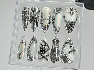 Luxury Gothic Press On Nails | Unique Skull and Chain Fake Nails | Custom Silver Nail Art | Gothic Nails | press ons | Y2k Nails | OC402TL