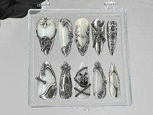 Luxury Gothic Press On Nails | Unique Skull and Chain Fake Nails | Custom Silver Nail Art | Gothic Nails | press ons | Y2k Nails | OC402TL