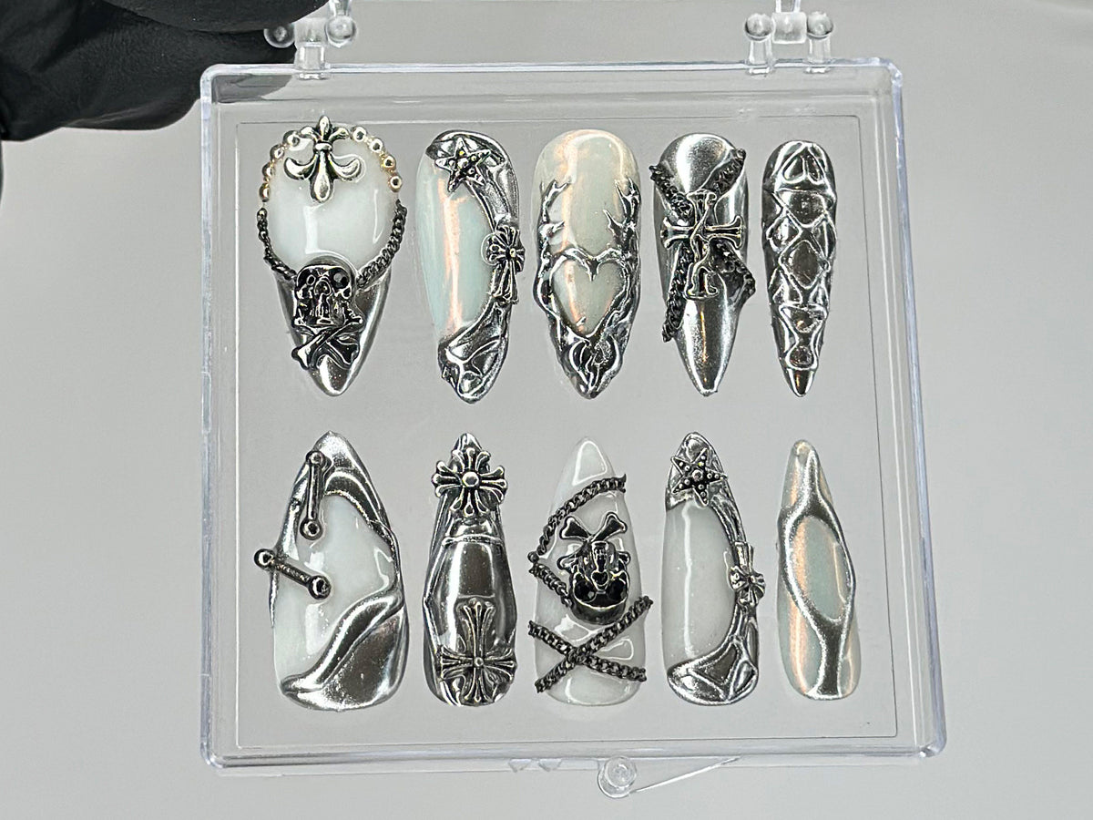 Luxury Gothic Press On Nails | Unique Skull and Chain Fake Nails | Custom Silver Nail Art | Gothic Nails | press ons | Y2k Nails | OC402TL