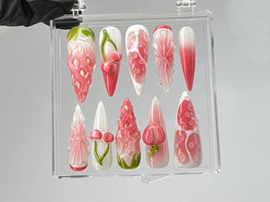 Pink Fruit Press On Nails | Nail Set With Strawberry On Fake nails| Free Style Summer Fruit Nail Art | Nail Charms |Pink press ons | OB513TK
