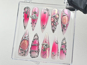 Y2k Pink Press On Nails | Custom Design Nail Art, Fake Nails for Birthday | Ombre Pink Nail Art | Nail Charms | Pink press ons | OB534TL