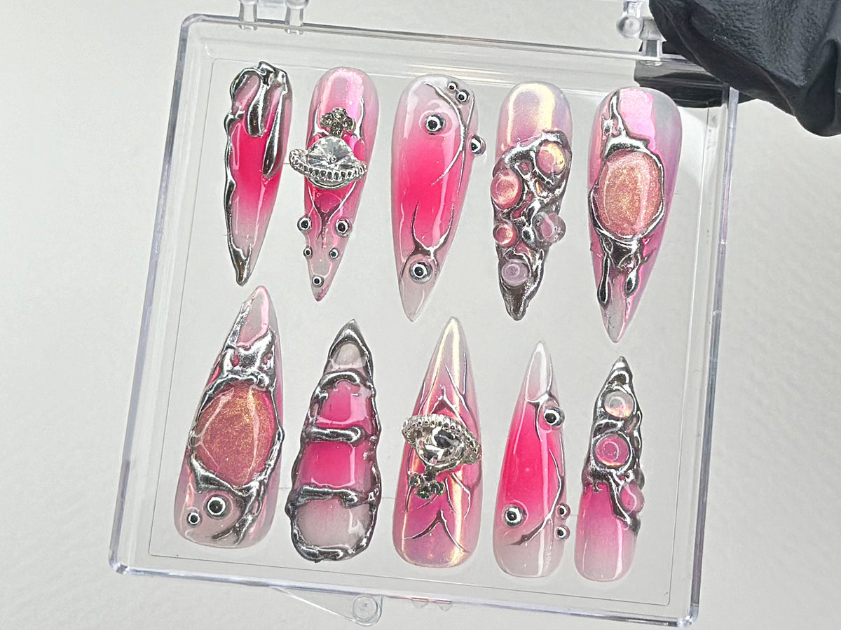 Y2k Pink Press On Nails | Custom Design Nail Art, Fake Nails for Birthday | Ombre Pink Nail Art | Nail Charms | Pink press ons | OB534TL