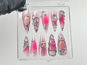 Y2k Pink Press On Nails | Custom Design Nail Art, Fake Nails for Birthday | Ombre Pink Nail Art | Nail Charms | Pink press ons | OB534TL