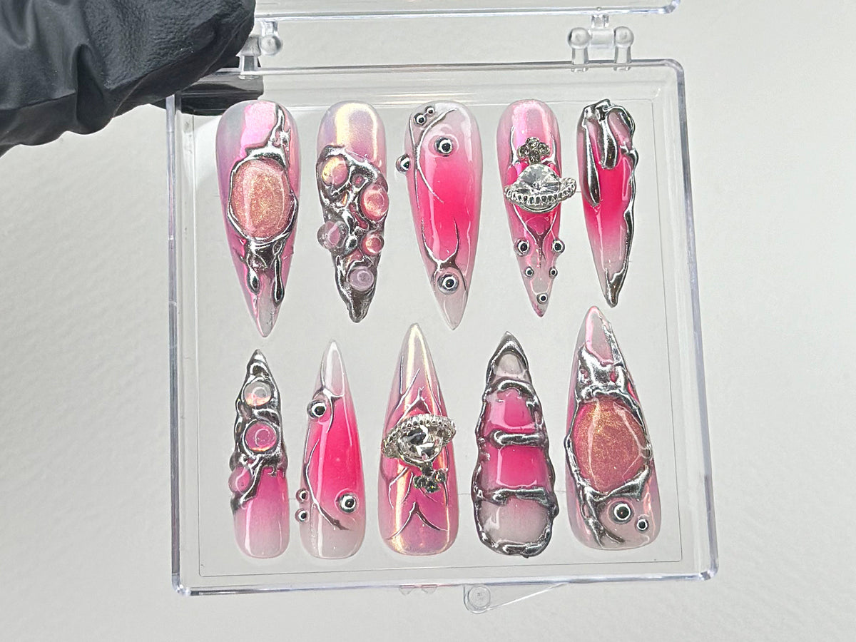 Y2k Pink Press On Nails | Custom Design Nail Art, Fake Nails for Birthday | Ombre Pink Nail Art | Nail Charms | Pink press ons | OB534TL