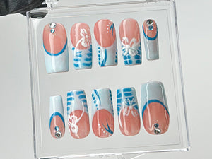 Summer Vibes Press On Nails | Blue French TipsNail Art | 3D Floral On Fake Nails | Custom Design Nail Art, Fake Nails | Press Ons | OB542T
