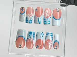 Summer Vibes Press On Nails | Blue French TipsNail Art | 3D Floral On Fake Nails | Custom Design Nail Art, Fake Nails | Press Ons | OB542T