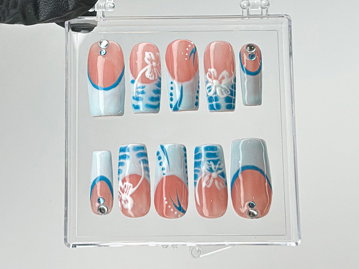 Summer Vibes Press On Nails | Blue French TipsNail Art | 3D Floral On Fake Nails | Custom Design Nail Art, Fake Nails | Press Ons | OB542T