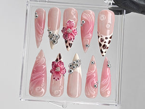Leopard French tips Press On Nails | 3D Flowers with Rhinestones Acrylic Nails | Stunning Floral Nails Press On | Pink Press Ons | OB544TL