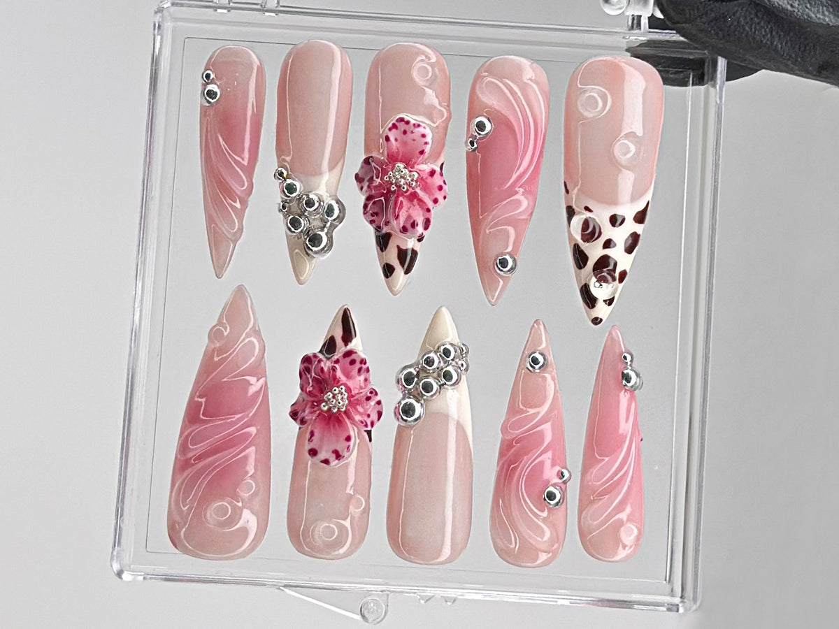 Leopard French tips Press On Nails | 3D Flowers with Rhinestones Acrylic Nails | Stunning Floral Nails Press On | Pink Press Ons | OB544TL