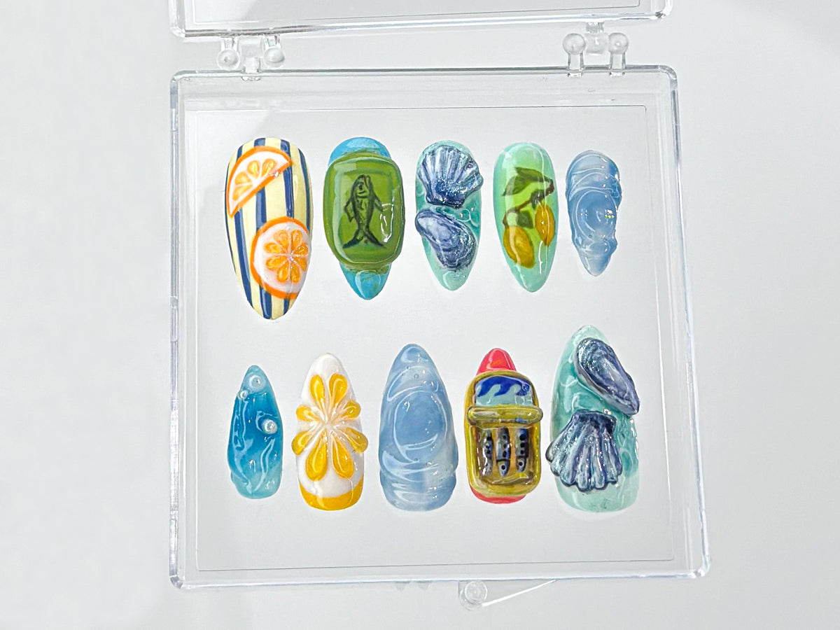 Tropical Beach 3D Press On Nails | Ocean-Inspired Nail Art | Summer Beach Press On Nails Set | 3D fruit on Fake Nails | Press Ons | OB546TH