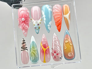 Vibrant Floral Press On Nails | Stunning 3D Floral On Fake Nails | French Tips Nail Art | Y2k nails | Dreamy Nails for Birthday | OB550T