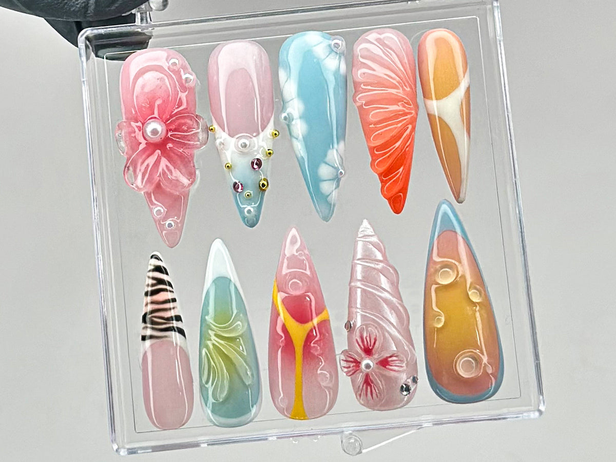 Vibrant Floral Press On Nails | Stunning 3D Floral On Fake Nails | French Tips Nail Art | Y2k nails | Dreamy Nails for Birthday | OB550T