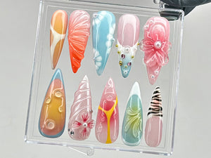 Vibrant Floral Press On Nails | Stunning 3D Floral On Fake Nails | French Tips Nail Art | Y2k nails | Dreamy Nails for Birthday | OB550T