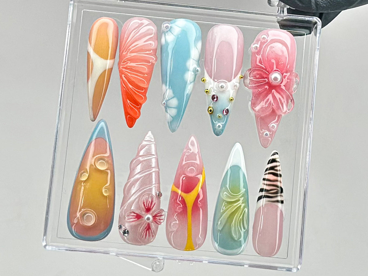 Vibrant Floral Press On Nails | Stunning 3D Floral On Fake Nails | French Tips Nail Art | Y2k nails | Dreamy Nails for Birthday | OB550T