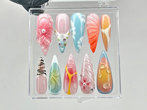 Vibrant Floral Press On Nails | Stunning 3D Floral On Fake Nails | French Tips Nail Art | Y2k nails | Dreamy Nails for Birthday | OB550T