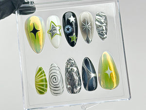 Galaxy Star Press On Nails | 3D Hand-Painted Green & Black Nail Art | Y2K Style Nails | Silver Chrome on Fake Nails | Gift for her | OC553T