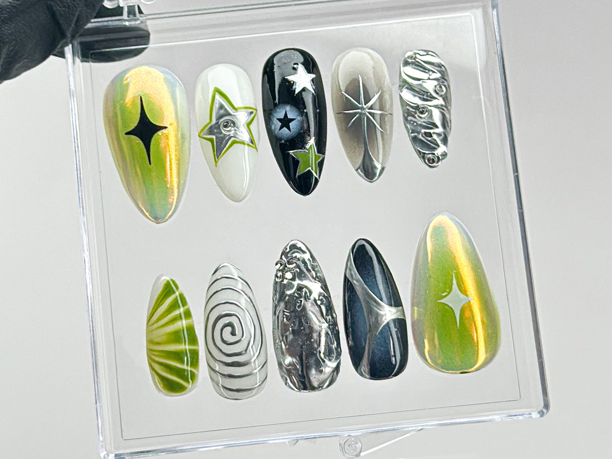 Galaxy Star Press On Nails | 3D Hand-Painted Green & Black Nail Art | Y2K Style Nails | Silver Chrome on Fake Nails | Gift for her | OC553T