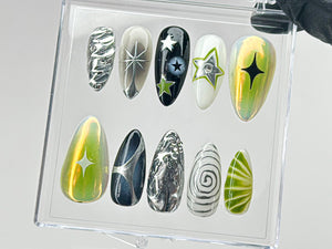 Galaxy Star Press On Nails | 3D Hand-Painted Green & Black Nail Art | Y2K Style Nails | Silver Chrome on Fake Nails | Gift for her | OC553T