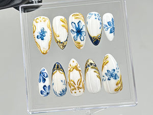 Sophisticated Blue Floral Press On Nails | Chic White & Gold On Fake Nails | Edgy Chrome Nails, Holiday Nails | nails press on | OC560TV
