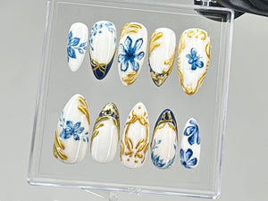 Sophisticated Blue Floral Press On Nails | Chic White & Gold On Fake Nails | Edgy Chrome Nails, Holiday Nails | nails press on | OC560TV