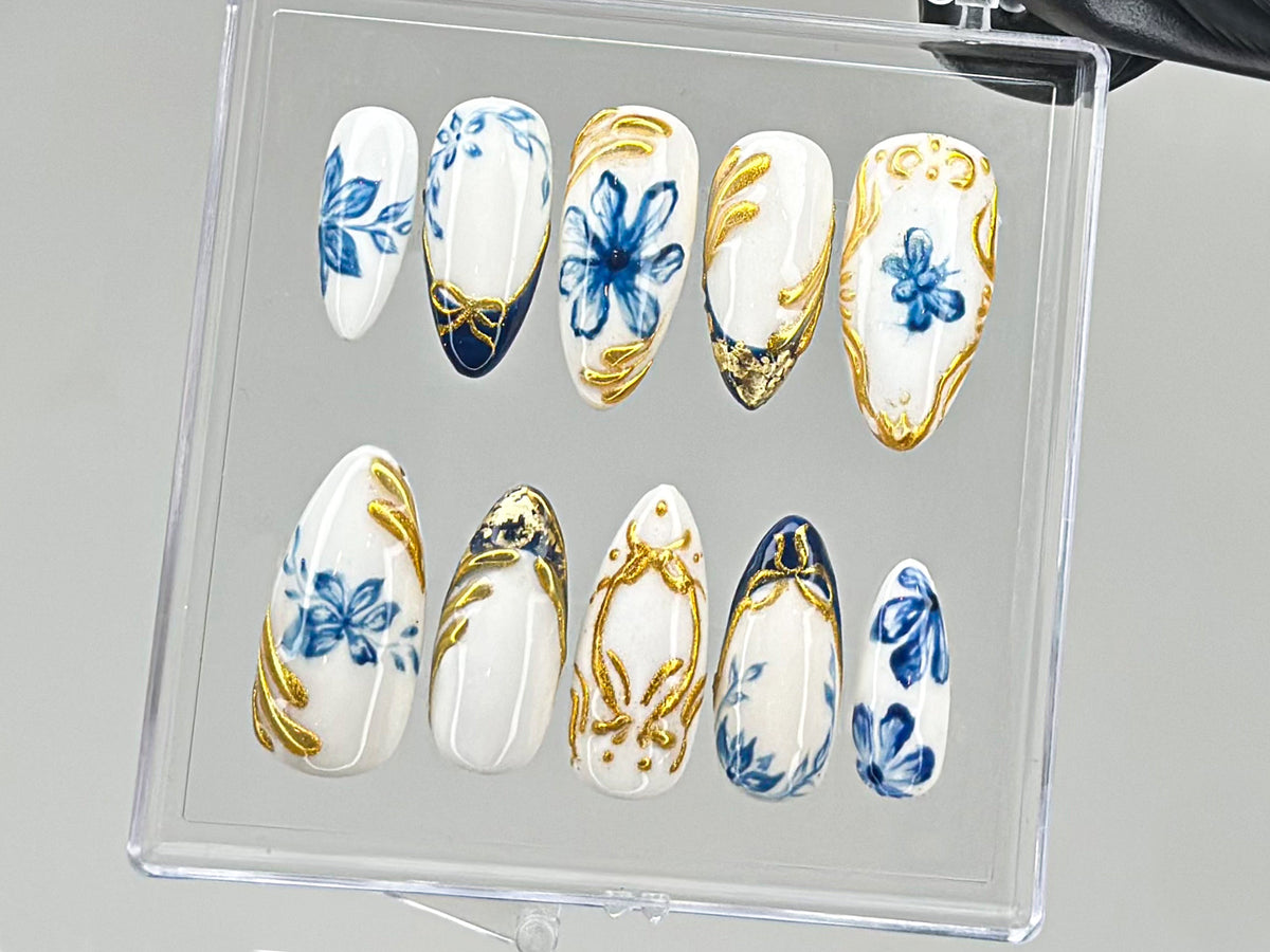 Sophisticated Blue Floral Press On Nails | Chic White & Gold On Fake Nails | Edgy Chrome Nails, Holiday Nails | nails press on | OC560TV