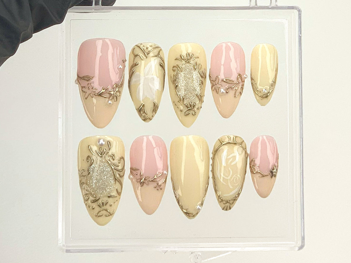 Classy Pink and Gold Press On Nails | Luxury Gold and Pink Fake Nails | Hand-Painted 3D Floral Designs Acrylic Nails | Nail Art | OC565Y