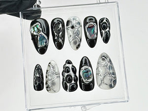Black and Silver Abstract Press On Nails | Handmade Gel Nail Art |Reusable Trendy Nails | Custom False Nails Set | Press Ons | OB590T