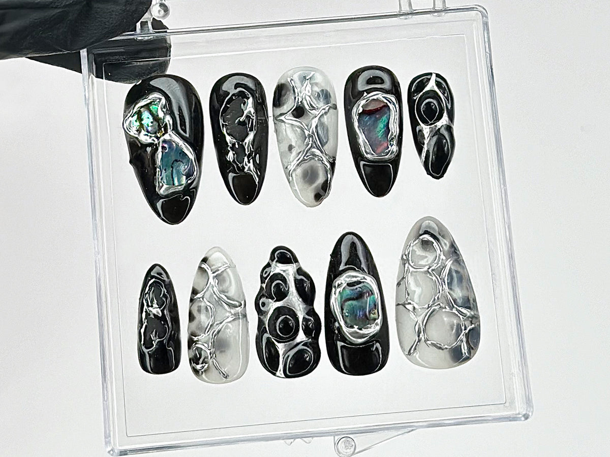 Black and Silver Abstract Press On Nails | Handmade Gel Nail Art |Reusable Trendy Nails | Custom False Nails Set | Press Ons | OB590T