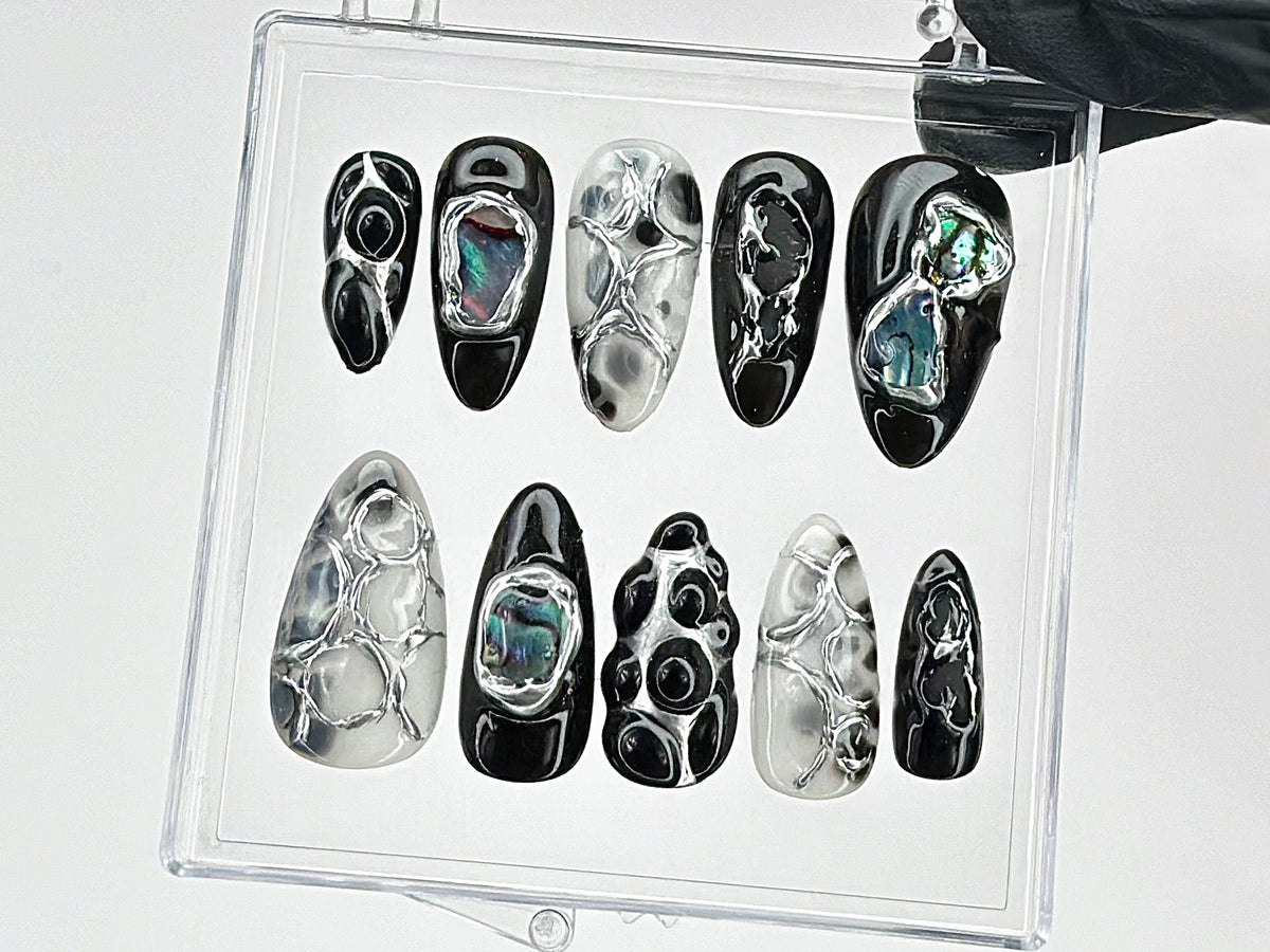 Black and Silver Abstract Press On Nails | Handmade Gel Nail Art |Reusable Trendy Nails | Custom False Nails Set | Press Ons | OB590T