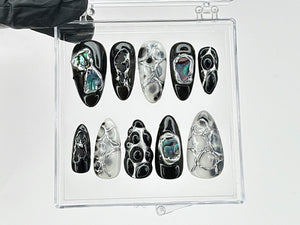 Black and Silver Abstract Press On Nails | Handmade Gel Nail Art |Reusable Trendy Nails | Custom False Nails Set | Press Ons | OB590T