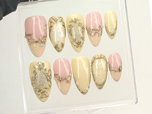 Classy Pink and Gold Press On Nails | Luxury Gold and Pink Fake Nails | Hand-Painted 3D Floral Designs Acrylic Nails | Nail Art | OC565Y