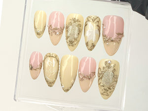Classy Pink and Gold Press On Nails | Luxury Gold and Pink Fake Nails | Hand-Painted 3D Floral Designs Acrylic Nails | Nail Art | OC565Y