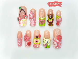 Kawaii Bear Candy Press On Nails | 3D Cute Apple Cherry Nail Art | Pastel Pink Green Y2K Vibes | Cartoon Dessert-Inspired Nails | OB986EC