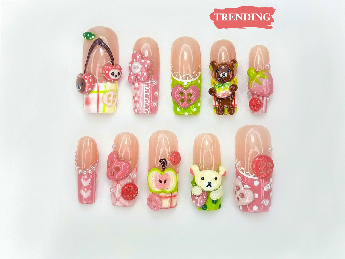 Kawaii Bear Candy Press On Nails | 3D Cute Apple Cherry Nail Art | Pastel Pink Green Y2K Vibes | Cartoon Dessert-Inspired Nails | OB986EC