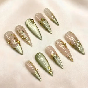 Gold Chrome Press On Nails | Sage Green Metallic Art | Elegant Nude Jelly Nails | Luxury Wedding Guest Prom | Bold Gala Statement | OB1358DG