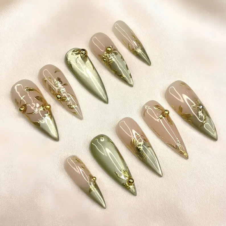 Gold Chrome Press On Nails | Sage Green Metallic Art | Elegant Nude Jelly Nails | Luxury Wedding Guest Prom | Bold Gala Statement | OB1358DG