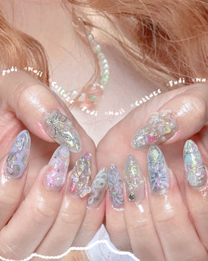 Opaline Daydream Press On Nails by FudiNails | Iridescent Holographic 3D Butterfly Nails | OA05LD