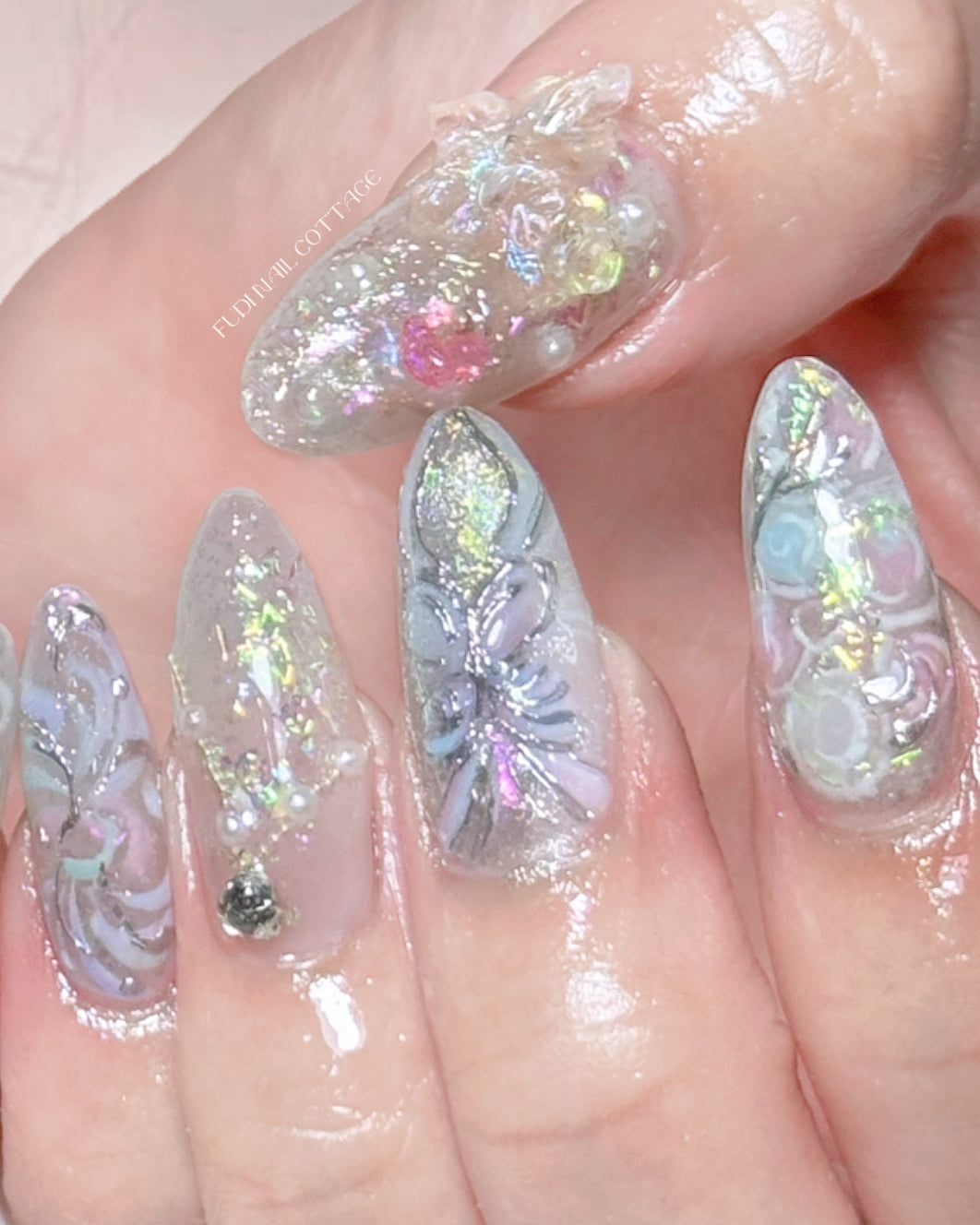 Opaline Daydream Press On Nails by FudiNails | Iridescent Holographic 3D Butterfly Nails | OA05LD